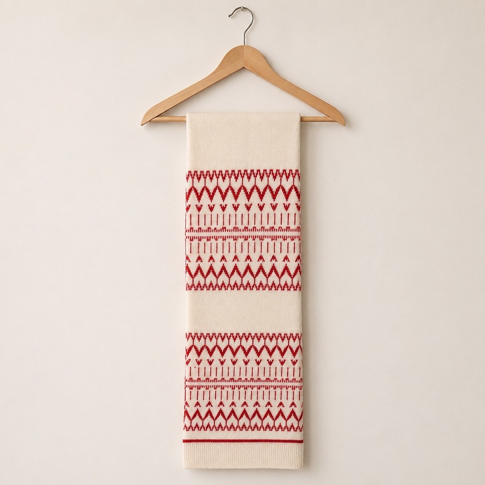 Talbots Fair Isle Heart Knit Scarf Womens Ivory Red Wool Blend Nordic Fisherman